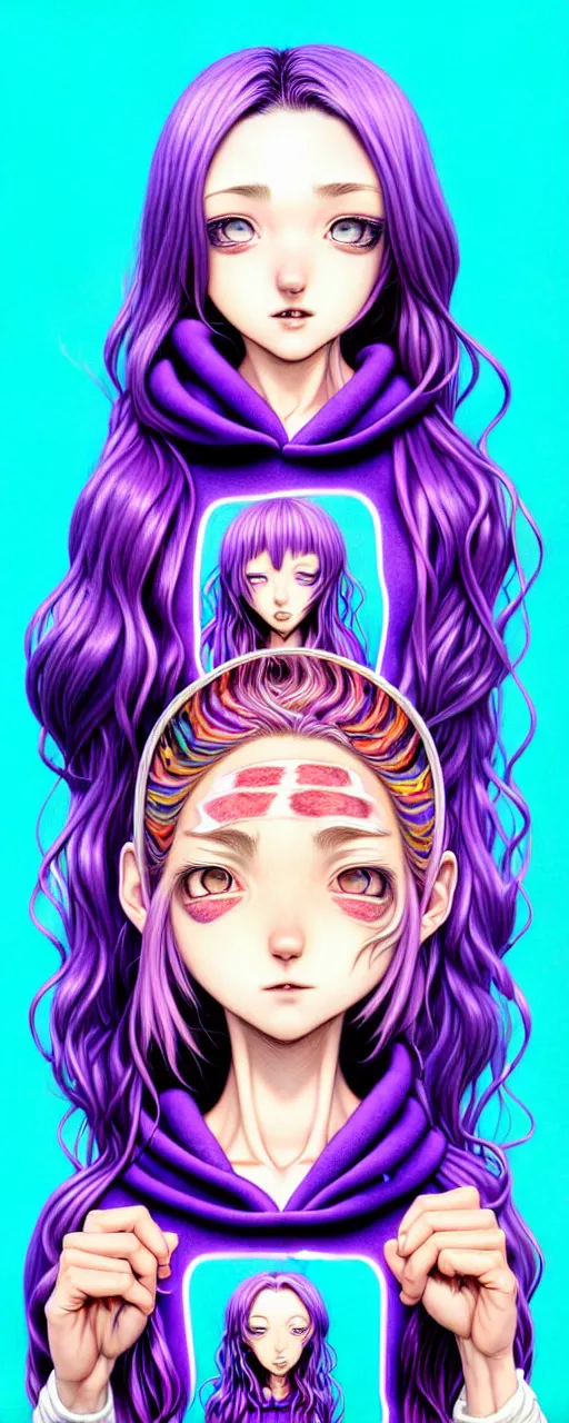 Prompt: richly detailed colored pencil 3D illustration of a singular beautiful female butcher with long purple hair wearing a hoodie and short shorts, she staring at the camera happily. mirrored background with completely rendered reflections, art by Range Murata and Artgerm.