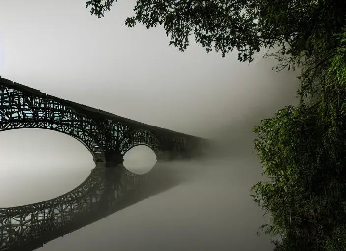 Image similar to a photograph of an emerald bridge over a wine river. Detailed. mythical. magical. mist. foggy. 4k. 800 iso.