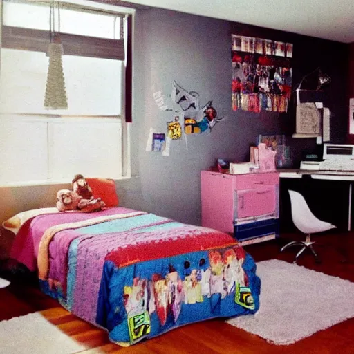 Prompt: photo of a teen's bedroom from 1985