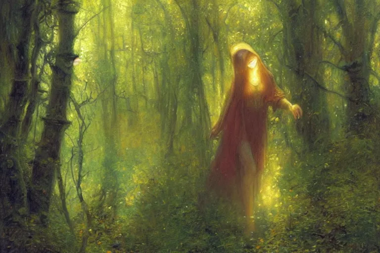 Prompt: illustration of a woman in a yellow hooded sweatshirt walking through a tangled forest in the astral plane. art by gaston bussiere.