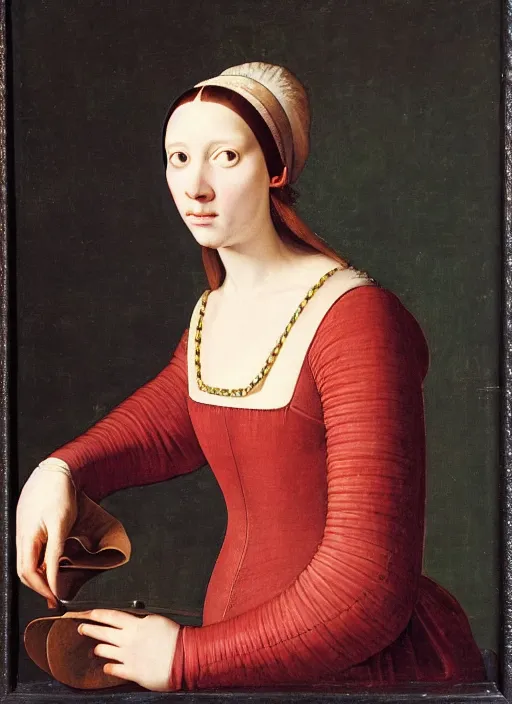 Image similar to portrait of young woman in renaissance dress and hatart by petrus christus,