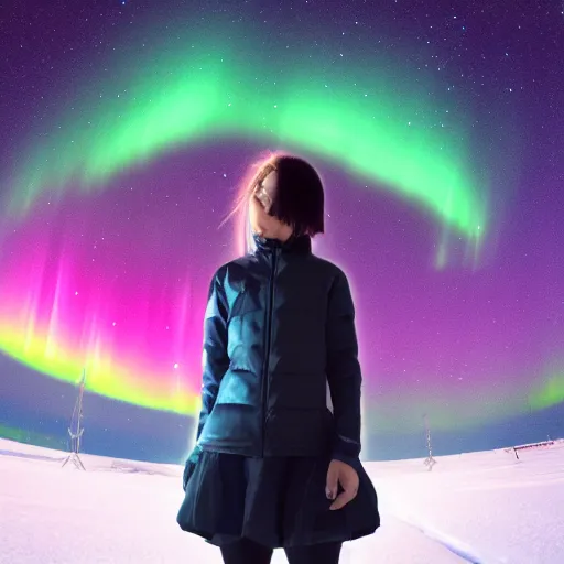 Prompt: anime girl standing on the aurora borealis that is trapped in the ice within the artic, starry sky