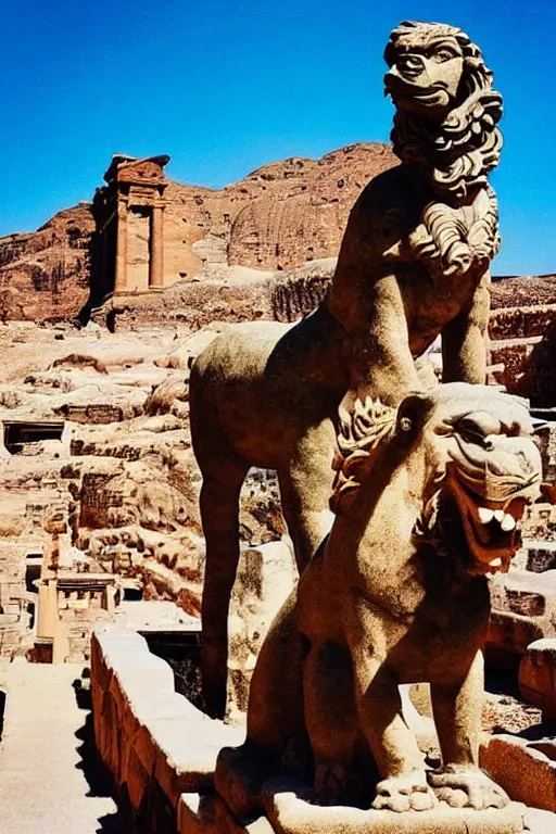 Prompt: “ a vaporwave photo of the ancient city of petra and a roaring griffin statue ”
