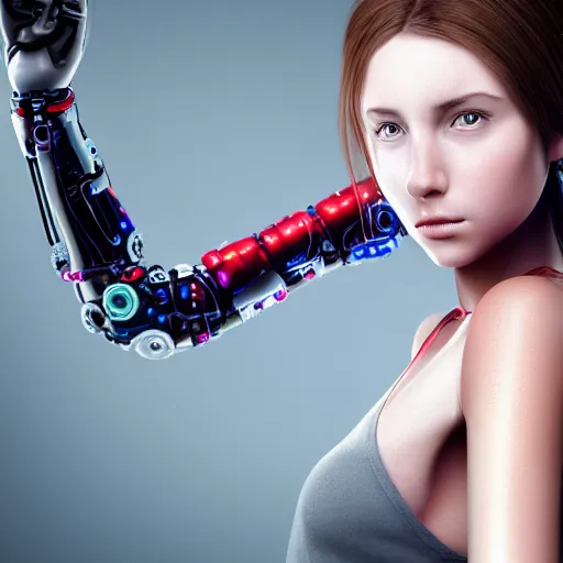 Image similar to a girl with cybernetic arm, closup, hyper realistic, ultra details, 4k, real photo,