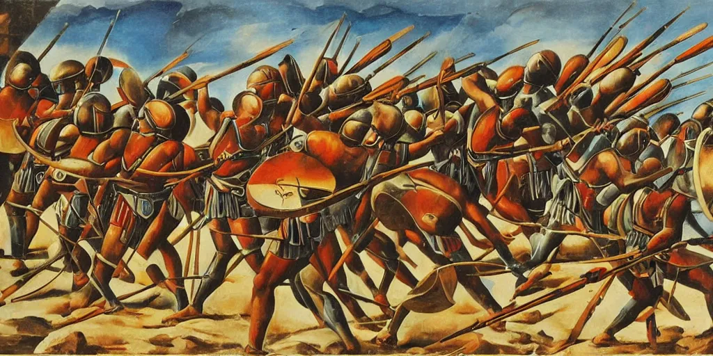 Image similar to italian futurism style painting of greek hoplites at war