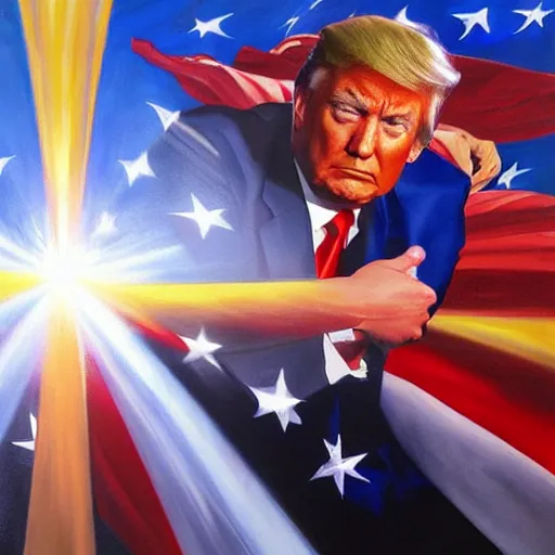 Prompt: alex ross painting of donald trump, sun rays, glorious, victory, usa, heroic