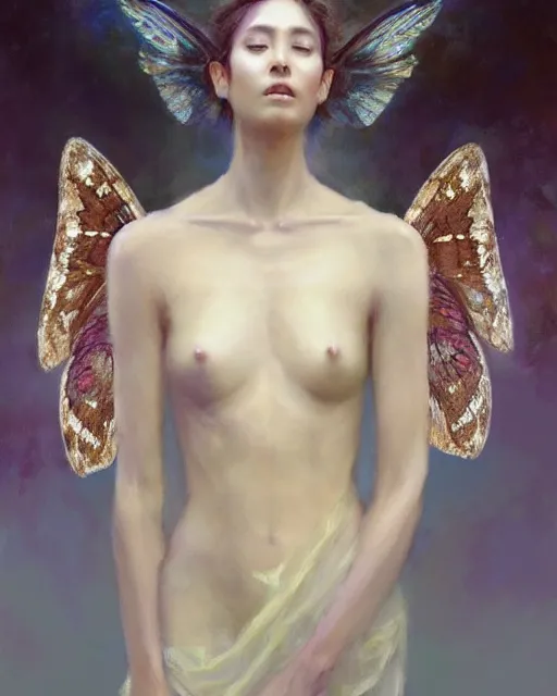 Image similar to Full view realistic ethereal Humanoid Maiden with symmetrical moth wings in a beautiful dress, oil on linen masterpiece by Craig Mullins Artgerm in the style of Ruan Jia, ornate Iconography background, tarot card, wlop, Ross Tran, detailed and realistic, soft lighting, intricate details, realistic, full view, Artstation, CGsociety