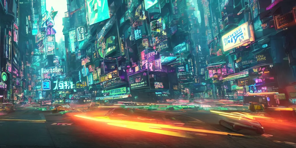 Image similar to a 3 d rendered in unreal engine hyrule land cyberpunk city with neon ads and signs with evocative dramatic mood with blade runner vibe with cars with motion blur with depth of field with bloom with lightshaft with volumetric lights, fog, by scott robertson, oscar winning graphics, photo realistic, bloom, imax, dynamic lighting, artstation,