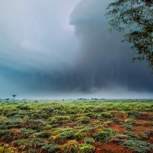 Image similar to A landscape of a jungle and a tornado, a hurricane, foggy landscape, blue bright sky