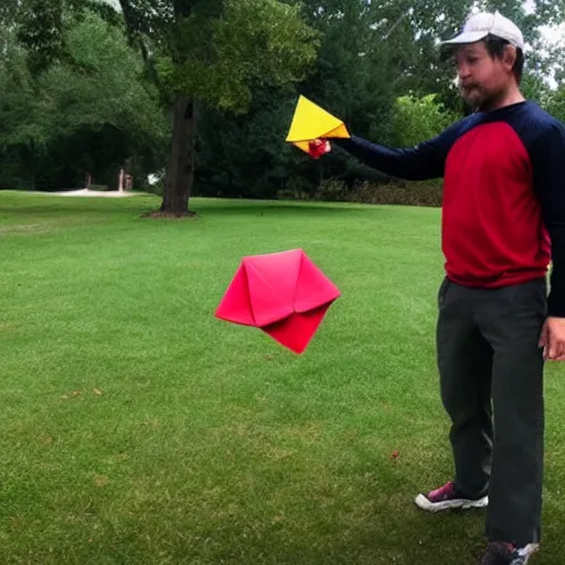 Prompt: man playing disc golf origami