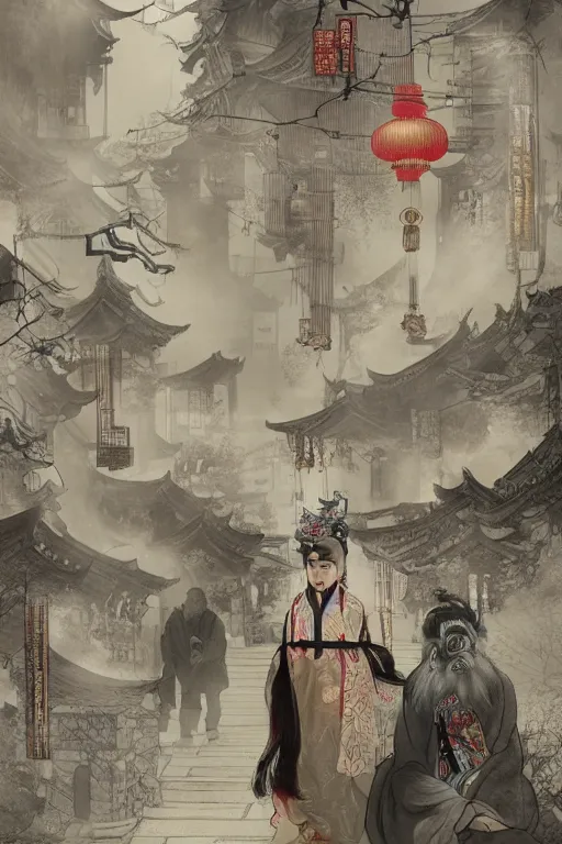 Image similar to on the night of the chinese new year's day, many chinese ghosts wander in the ancient chinese streets. the guiding line composition method, the tindal effect, the soft light, the cool color, by wu jinyuan, trending on artstation