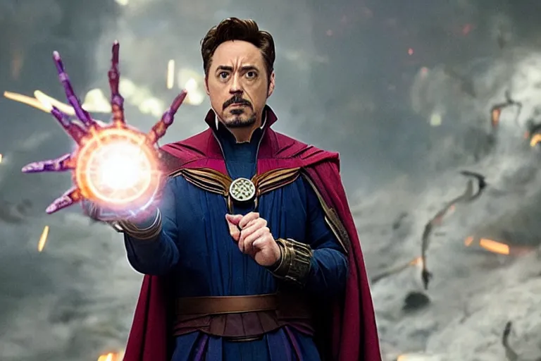 Image similar to film still of Robert Downey Jr as Doctor Strange in Avengers infinity War