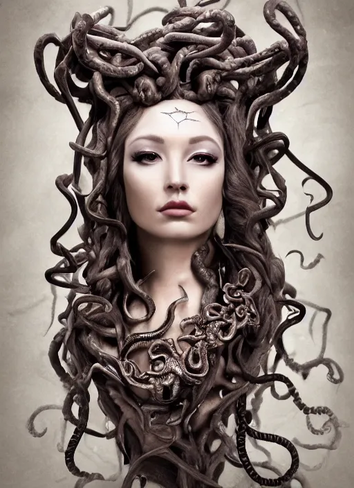 Image similar to a portrait of medusa, goddess by candy makeup, photorealistic, intricate details, hyper realistic, fantasy, elegant, baroque, horn, ram skull headpiece, photorealistic, photography, symmetrical features, symmetrical pose, wide angle shot, feet on the ground, wearable art, unreal engine