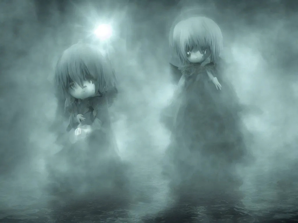 Prompt: cute fumo plush girl ghost in the haze of the murky river, reflective water surface, smoke and volumetric fog, tattered gothic horror maiden, fallen angel, green lens flare, light shafts, light and shadow, vray