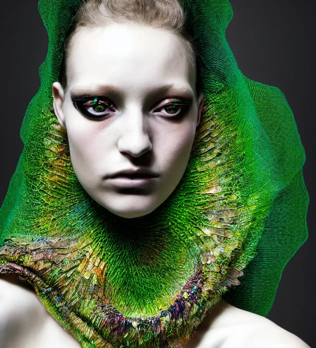 Image similar to photography face portrait of one female fashion model in rainforest, wearing one organic futurist shawl designed by iris van herpen,, creative colorfull - makeup, curly hair style half _ long, photography by paolo roversi nick knight, helmut newton, avedon, and araki, sky forest background, natural pose, highly detailed, skin grain detail