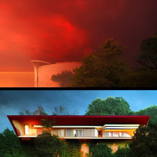 Prompt: modernist house inspired by a tibetan palace between big trees, red clouds, dramatic lighting, artstation, matte painting, raphael lacoste, simon stalenhag, frank lloyd wright, zaha hadid