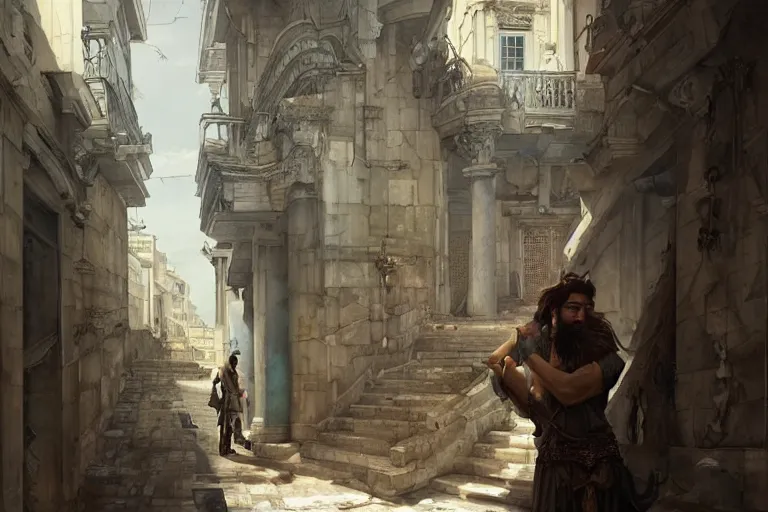 Prompt: handsome korean man looking at ancient renaissance athens street with intricate details, serene, face anatomy, by wlop, peter mohrbacher, jakub rebelka, visually stunning, beautiful, masterpiece