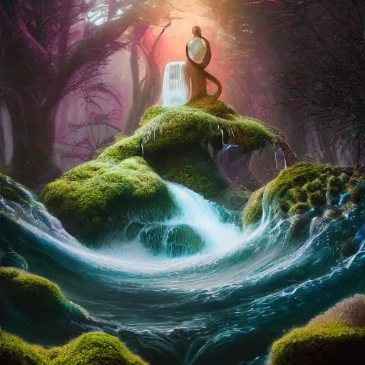 Prompt: tom bagshaw, elementals water wave, soft painting render curiosities carnival pond river vegetation rocks bugs wildlife mushrooms covered moss bioluminescent wisps, beautiful stunning waterfall, accurate features, focus, very intricate ultrafine details, random volumetric lighting, fog, award winning masterpiece, octane render 8 k hd, artstation