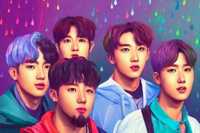 Prompt: “ a portrait of members of bts band, rainy background, bright art masterpiece artstation. 8 k, sharp high quality artwork in style of jose daniel cabrera pena, concept art by tooth wu, hearthstone card game artwork. ”