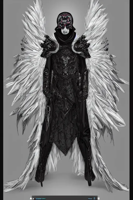 Image similar to hyper realistic digital art portrait of a villain wearing white bird skull mask, and high tech intricate armor and a black cloak.