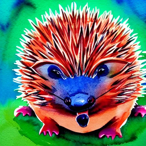 Prompt: happy hedgehog, very beautiful watercolor painting, red dark - blue and orange color palette, extremely detailed, masterpiece by a very talented artist, cheerful optimistic happy joyful, stunning gorgeous