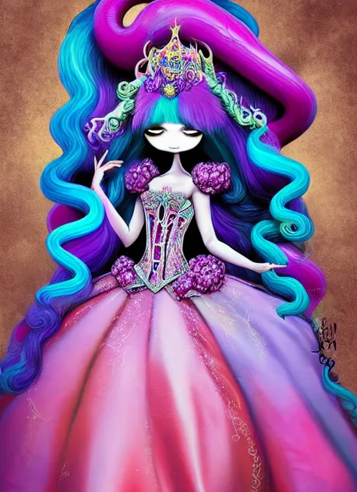 Prompt: A full body shot of a cute and mischievous monster princess with hair made of tentacles wearing an ornate ball gown covered in jewels. Dynamic Pose. Quinceanera dress. Rainbow palette. rainbowcore. Eldritch Beauty. defined facial features, symmetrical facial features. Opalescent surface. beautiful lighting. By Giger and Ruan Jia and Artgerm and WLOP and William-Adolphe Bouguereau. Photo real. Hyper-real. Photorealism. Fantasy Illustration. Sailor Moon hair. Masterpiece. trending on artstation, featured on pixiv, award winning, cinematic composition, dramatic pose, sharp, details, Hyper-detailed, HD, HDR, 4K, 8K.