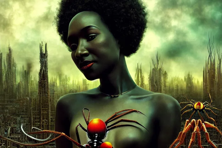 Prompt: realistic detailed closeup portrait movie shot of a beautiful black woman riding a giant spider, dystopian city landscape background by denis villeneuve, amano, yves tanguy, alphonse mucha, max ernst, ernst haeckel, caravaggio, roger dean, cyber necklace, rich moody colours, sci fi patterns, wide angle