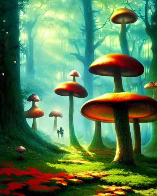 Image similar to magical enchanted mushroom forest, scenery wallpaper aesthetic, beautiful, cinematic, dramatic, super detailed and intricate, by koson ohara, by darwyn cooke, by greg rutkowski, by satoshi kon