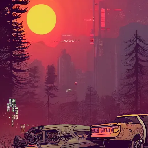 Image similar to Stunning illustration of single cyberpunk explorer overlooking lush forest filled with abandoned cars and robots , highly detailed, sunset, by Victo Ngai and James Gilleard , Moebius, Laurie Greasley