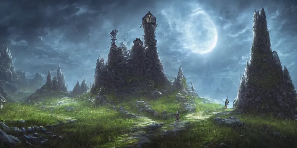 Prompt: The single lonesome grand wizard tower by Tyler Edlin, fantasy art, green fields in the background, wide angle, cinematic composition, dark moody lighting, moon in the sky