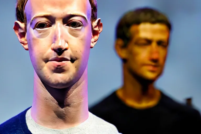 Image similar to mark Zuckerberg mannequin just woke up and is taking his human pills