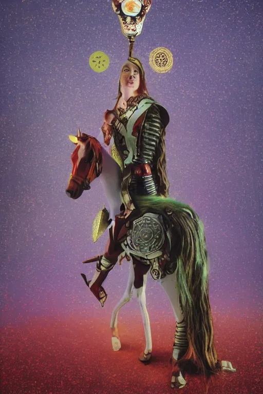 Image similar to self - transforming machine elf riding horse and holding chalice in the style of nordic noir television, dmt fractal tiling across the background, double exposure film, kodak portra 4 0 0, knight of cups, etteilla tarot