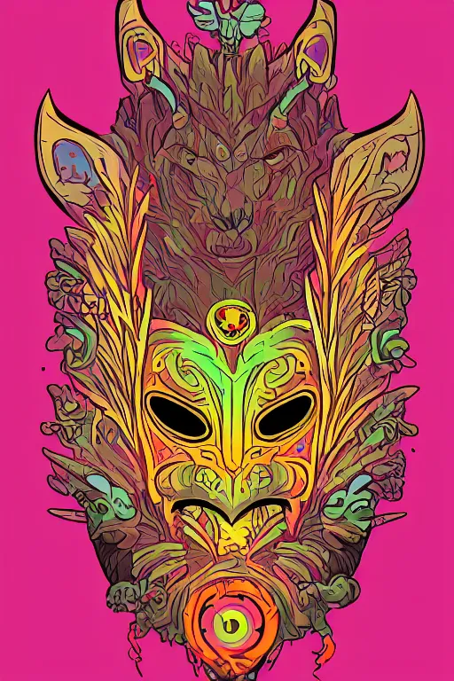 Image similar to animal mask totem roots flower tribal feather gemstone plant wood rock shaman vodoo video game vector cutout illustration vivid multicolor borderlands comics by josan gonzales and dan mumford radiating a glowing aura