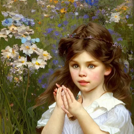 Prompt: a cute little girl with wavy light brown hair and blue eyes in a garden, beautiful highly detailed face, stunning painting by irakli nadar and greg rutkowski and alphonse mucha