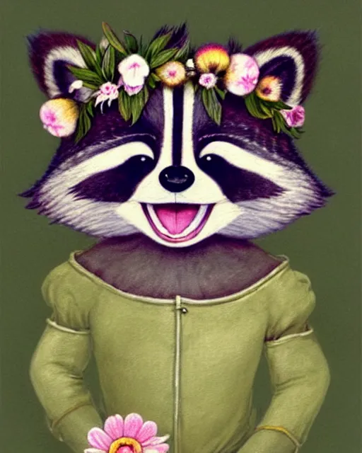 Prompt: a watecolor painting of a smiling happy cute raccoon wearing a detailed flower crown, by antoine de saint - exupery and annabel kidston and naomi okubo and jean - baptiste monge. a child storybook illustration, higly detailed, muted colors, soft colors, low saturation, fine lines, white paper