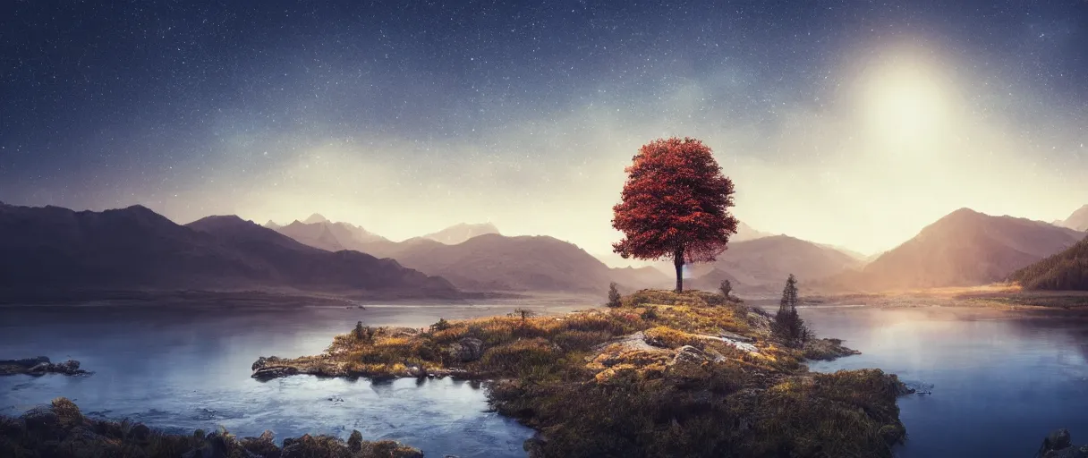 Prompt: realistic tree, mountains, river, landscape, photo, concept art, universe in the sky, cinematic lighting, 4k, wide angle, warm tones, Earth,
