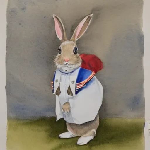 Prompt: a rabbit wearing a white ww1 uniform, watercolour