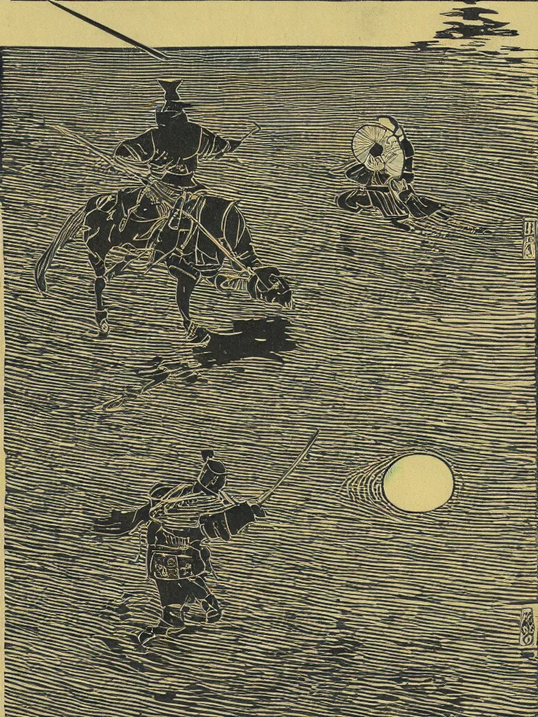 Image similar to old printmaking woodblock print of a samurai (in the middle of the composition, centered) with a katana standing in water with ripples around him, a big sun above. beautiful dark fantasy, 8k detail