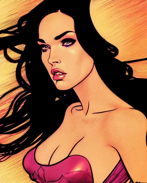 Prompt: low angle closeup very seductive megan fox retro scifi goddess pinup, vr goggles, action glamour pose, windblown dark hair, hyper detailed, digital art, studio lighting, smooth, ambient lighting, sharp focus, frank miller, wlop, anna dittmann, moebius!, alphonse mucha, patrick nagle!!!, rim lighting, synthwave
