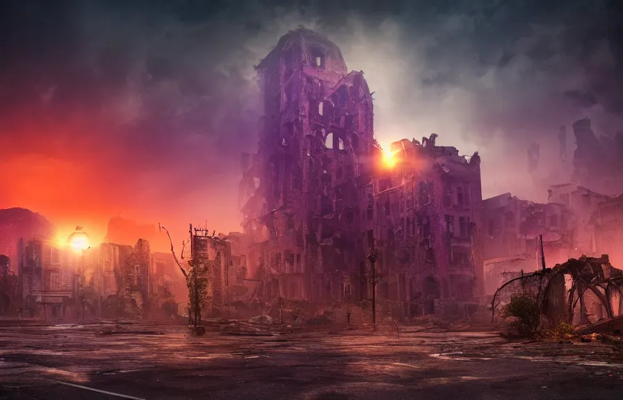 Image similar to Stunning photorealistic background of a city in ruin in a strange purple dimension with a large red sun looming in the distance on a rainy and foggy day, A large tower stands in the center of the crumbling buildings, parallax background