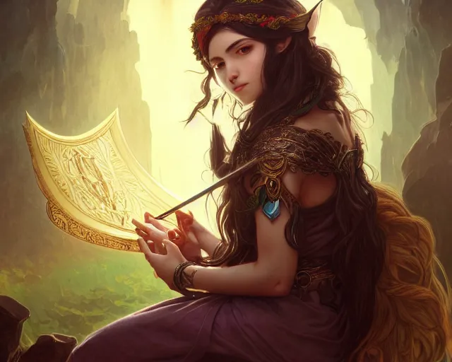 Image similar to photography of a dark long haired elve playing harp, deep focus, d & d, fantasy, intricate, elegant, highly detailed, digital painting, artstation, concept art, matte, sharp focus, illustration, hearthstone, art by artgerm and greg rutkowski and alphonse mucha