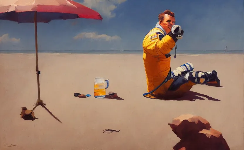 Image similar to An astronaut chilling at the beach and drinking a beer, oil on canvas by Frank Frazetta, artstation, digital art, WLOP, Mandy Jurgens