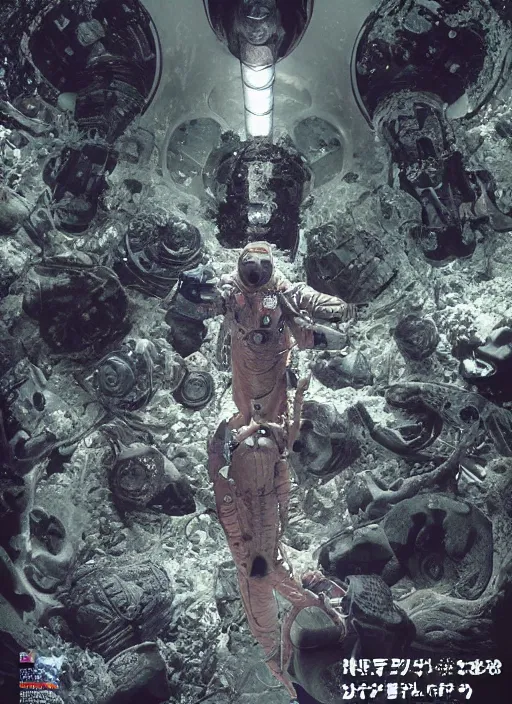 Image similar to astronauts in dark and empty void underwater - complex and hyperdetailed technical suit. reflection and dispersion materials. rays and dispersion of light. volumetric light. 5 0 mm, f / 3 2. noise film photo. flash photography. ultra realistic, wide angle. poster by wayne barlowe, hajime sorayama aaron horkey, craig mullins