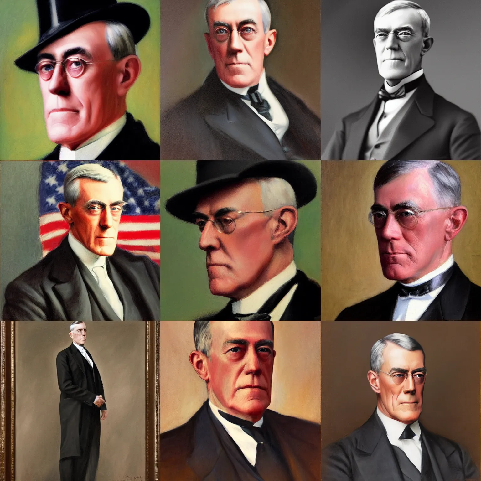 Prompt: Woodrow Wilson, 28th President of the United States, 1913-1921. Portrait by Frank Graham Cootes in 1936. Oil on canvas, trending on artstation high octane render