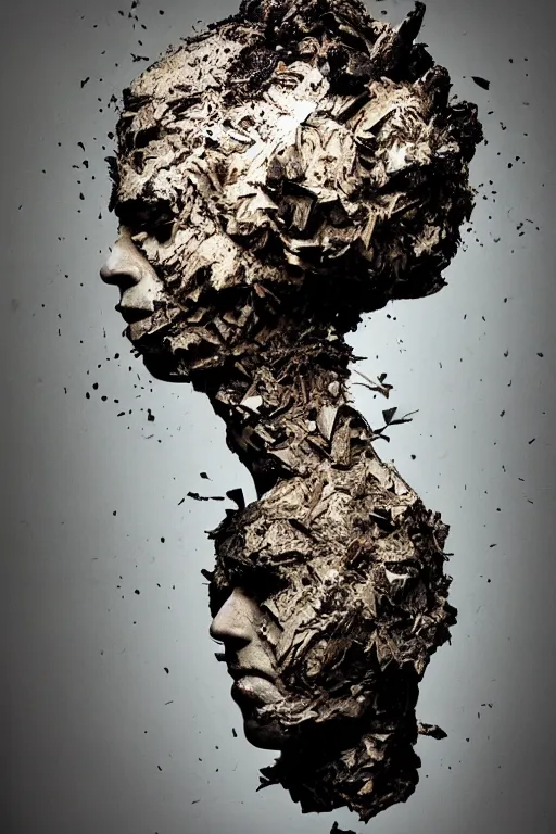 Image similar to a dark high quality studio portrait of an exploding human head made from antique newspaper, intricate, morbid, dark cinematic lighting, surreal photography, style by ashley wood