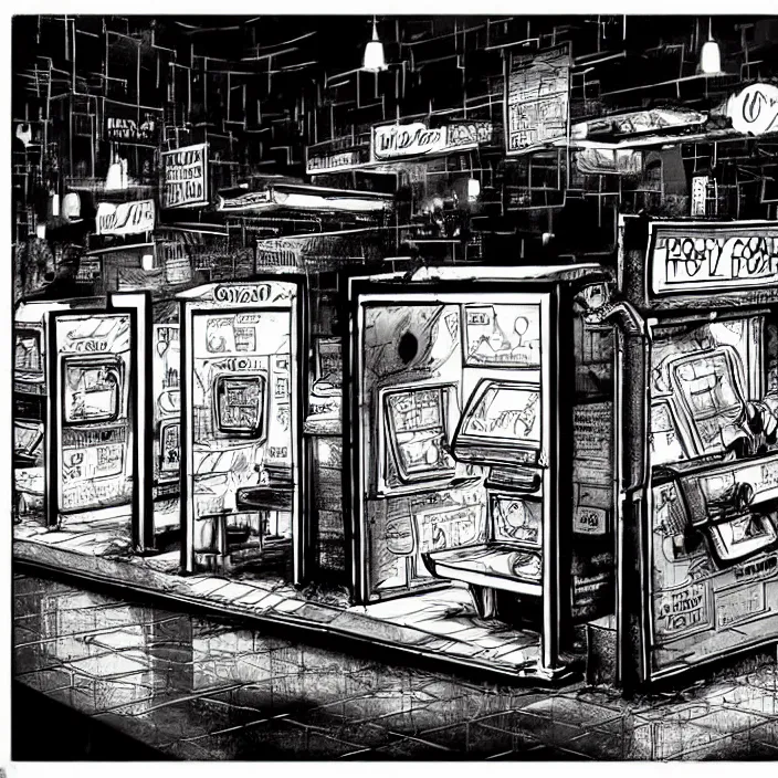 Image similar to poor quality food, water, and gruel : on a table. inside a dirty automated kiosk. bright tasty food options displayed on a wall. black tiles on walls. black and white, pencil and ink. by gabriel hardman, joe alves, chris bonura. cinematic atmosphere, detailed and intricate, perfect anatomy