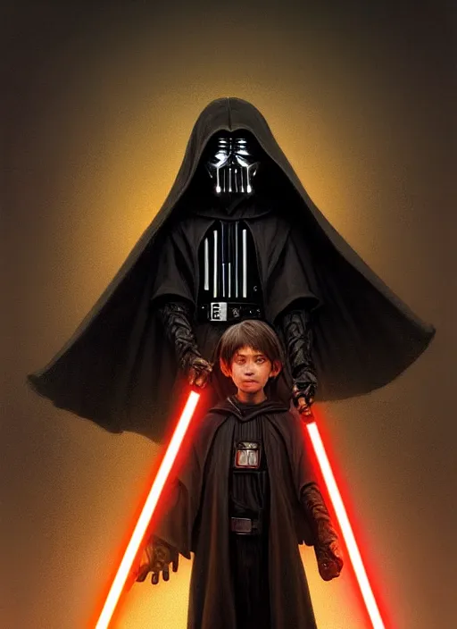 Image similar to perfectly - centered - portrait of a kid wearing black cloak holding light saber, intricate, highly detailed, digital painting, artstation, concept art, smooth, sharp focus, illustration, unreal engine 5, 8 k, art by artgerm and greg rutkowski and alphonse mucha and sam spratt