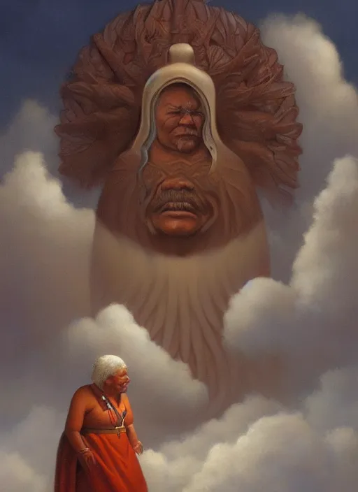 Image similar to portrait of indigenous grandfather and grandmother in the clouds, smiling, protection, benevolence, ancestors, art by christophe vacher