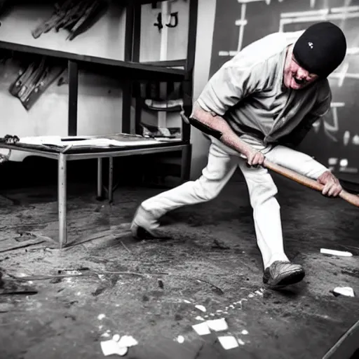 Image similar to an insane man hitting a table with an aluminum baseball bat
