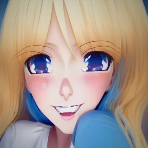 Image similar to beautiful hyperrealism selfie of a cute 3 d anime young woman smiling smugly, long light platinum blonde hair, flushed face, heart - shaped face, cute freckles, light blue eyes, golden hour, 8 k, instagram